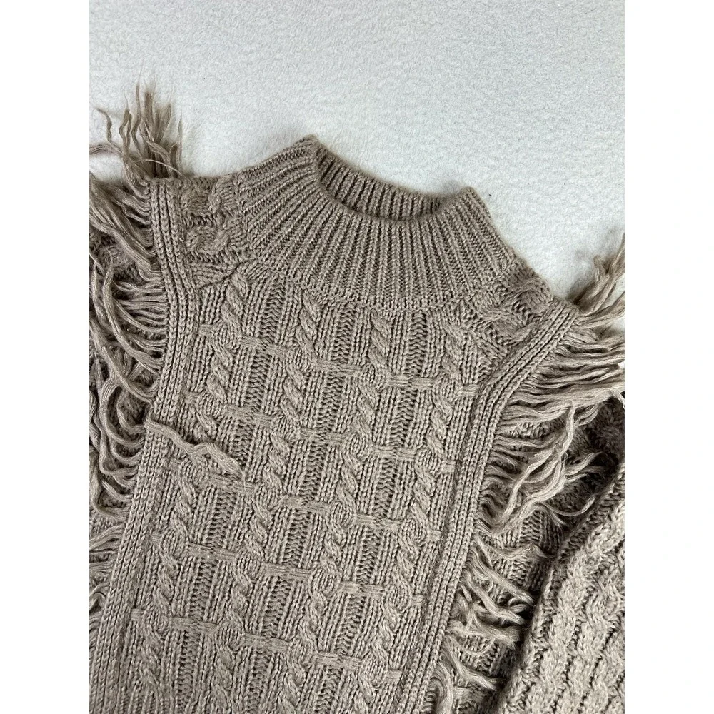 Altar'd State Fringe Cable‎ Knit Sweater Womens Small Brown Balloon Sleeve